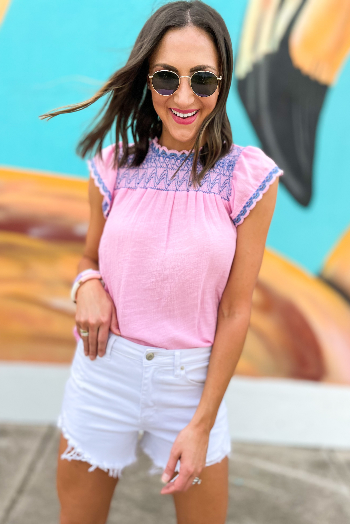 Load image into Gallery viewer, Pink Embroidery Ruffle Sleeve Yoke Top, embroidery top, pink, ruffle sleeve, yoke, white shorts, shop style your senses by mallory fitzsimmons
