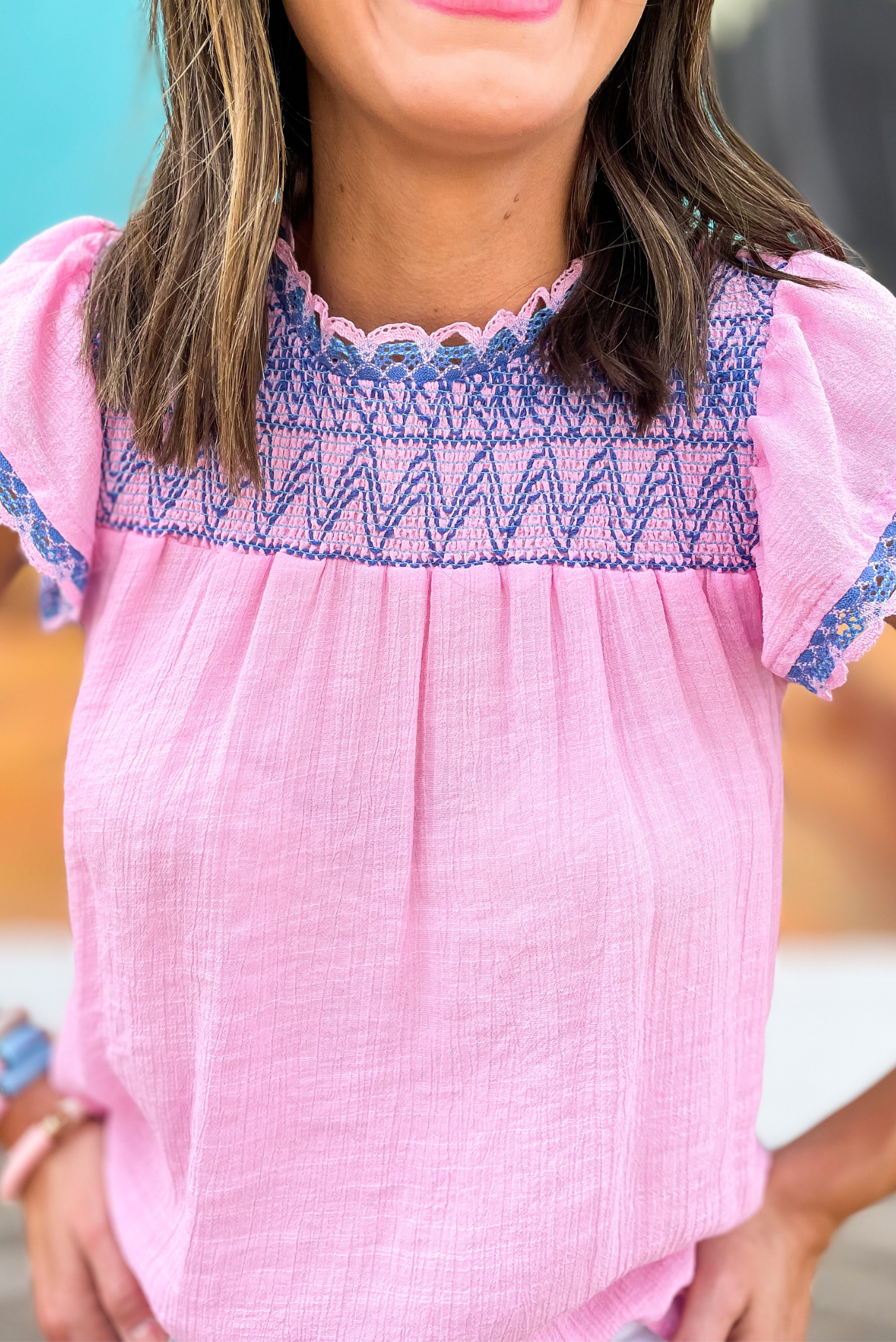 Load image into Gallery viewer, Pink Embroidery Ruffle Sleeve Yoke Top, embroidery top, pink, ruffle sleeve, yoke, white shorts, shop style your senses by mallory fitzsimmons
