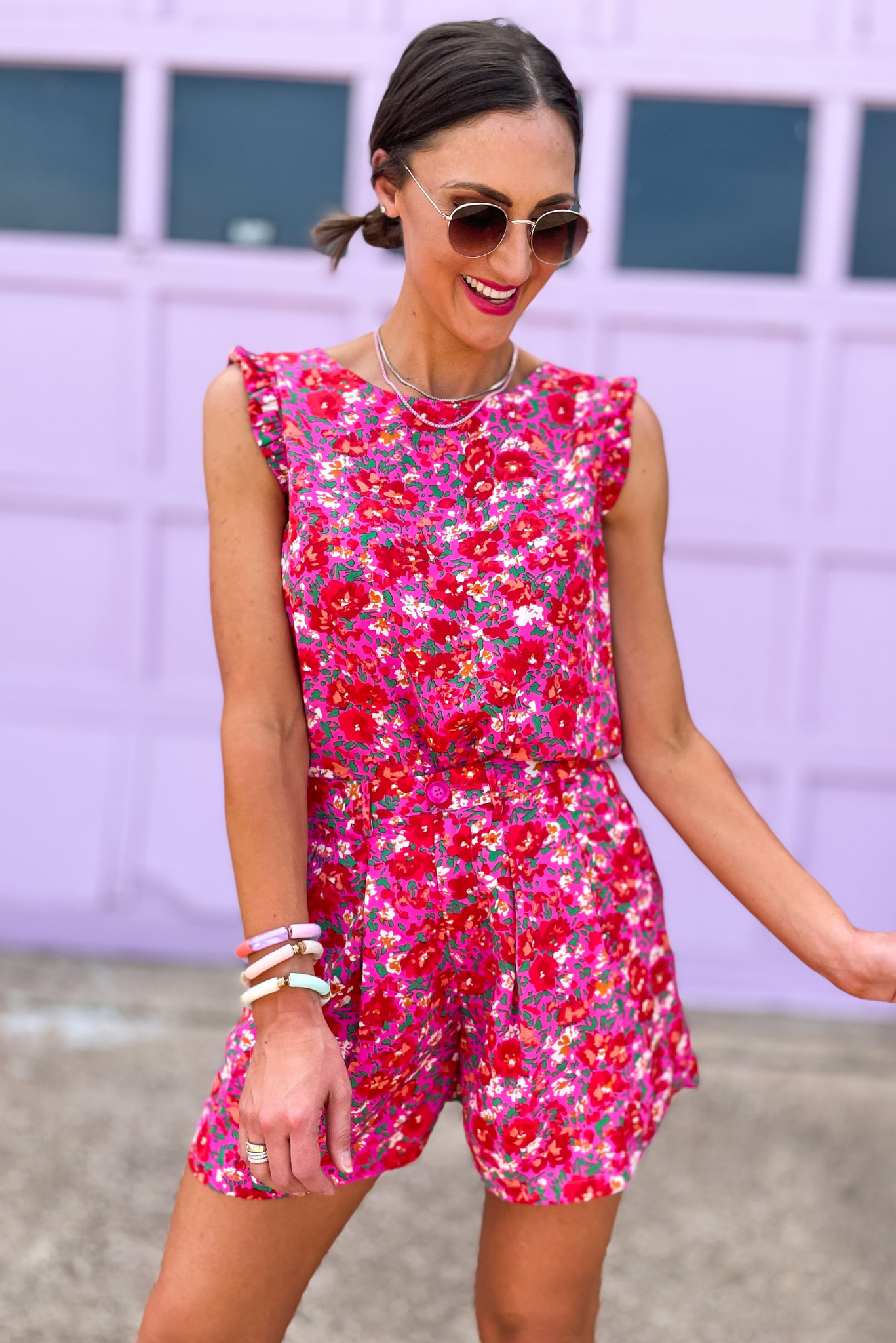 Load image into Gallery viewer, Hot Pink Floral Print Ruffle Shoulder Sleeveless Top, floral shorts, floral top, smocked waist, matching set, set, floral print, spring outfit, shop style your senses by mallory fitzsimmons
