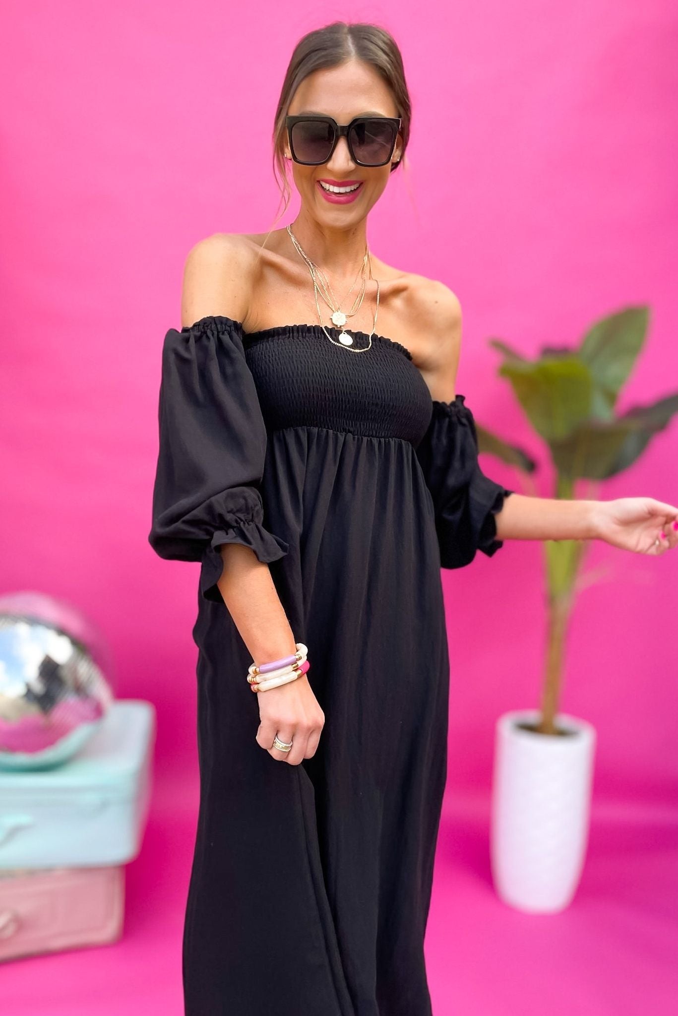 Black Smocked Bubble Sleeve Square Neck Dress, maxi dress, vacation vibes, smocked, puff sleeve, long dress, spring time, spring maxi, work to weekend, vegas, shop style your senses by mallory fitzsimmons