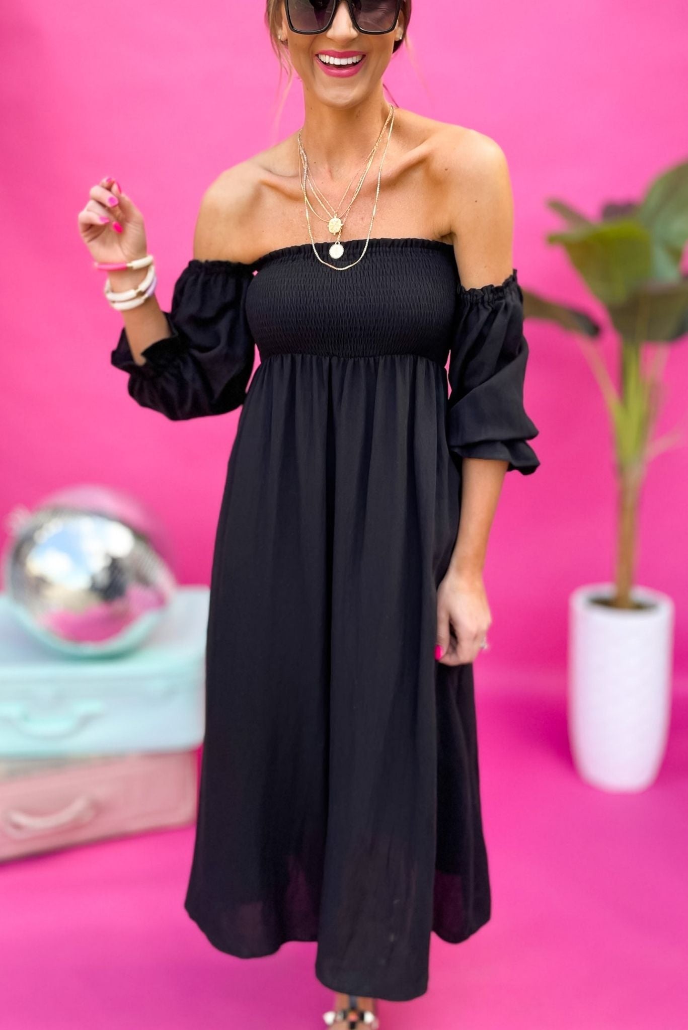 Black Smocked Bubble Sleeve Square Neck Dress, maxi dress, vacation vibes, smocked, puff sleeve, long dress, spring time, spring maxi, work to weekend, vegas, shop style your senses by mallory fitzsimmons
