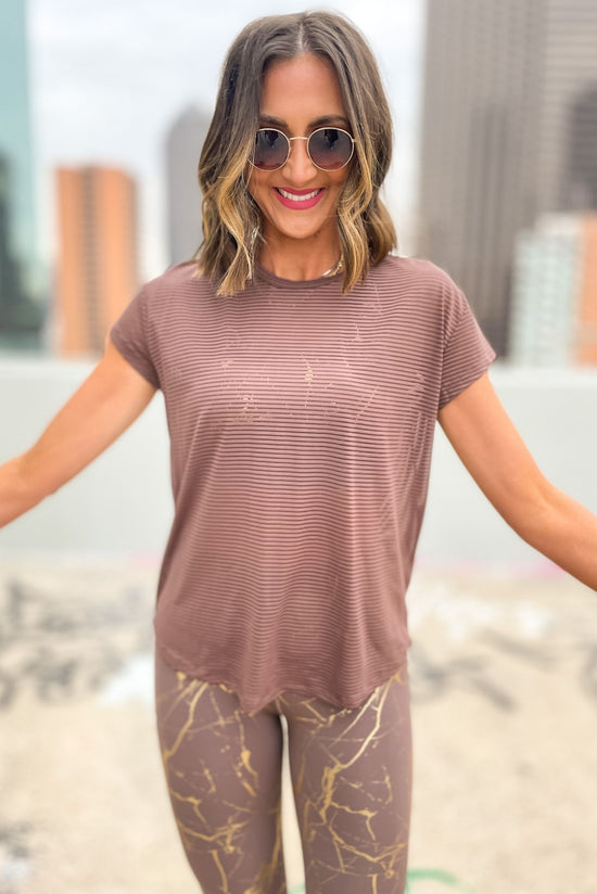 Load image into Gallery viewer, Cocoa Sheer Striped Athleisure Top w/ Back Panel, brown, work out top, athleisure, work out outfit, mom style, lounge wear, shop style your senses by mallory fitzsimmons
