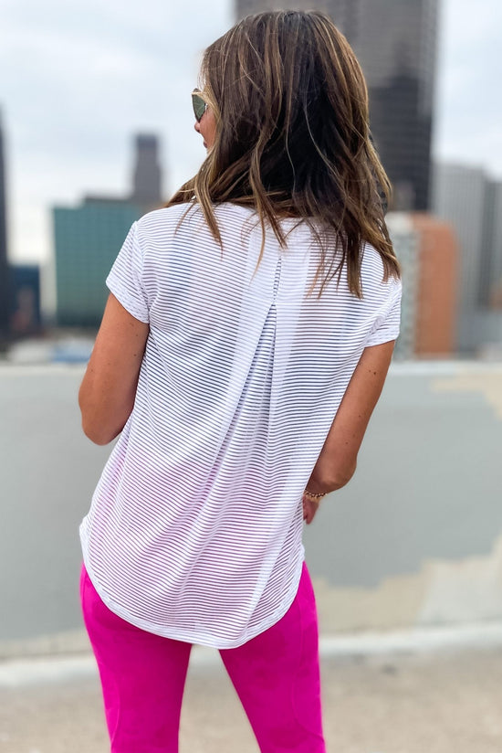 Load image into Gallery viewer, white sheer striped athleisure top with back panel, June athleisure collection, comfy style, gym fashion, workout wear, shop style your senses by mallory fitzsimmons
