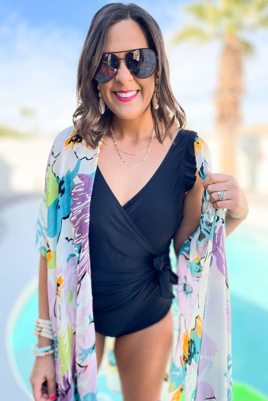 black v neck ruffle tie one piece swimsuit, swimsuit, black, tie, v neck, swim wear, mom style, shop style your senses by mallory fitzsimmons 
