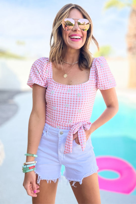 Pink Gingham Square Neck Puff Sleeve One Piece Swimsuit, pink, one piece, puff sleeve, floral, mom swim suit, shop style your senses by mallory fitzsimmons