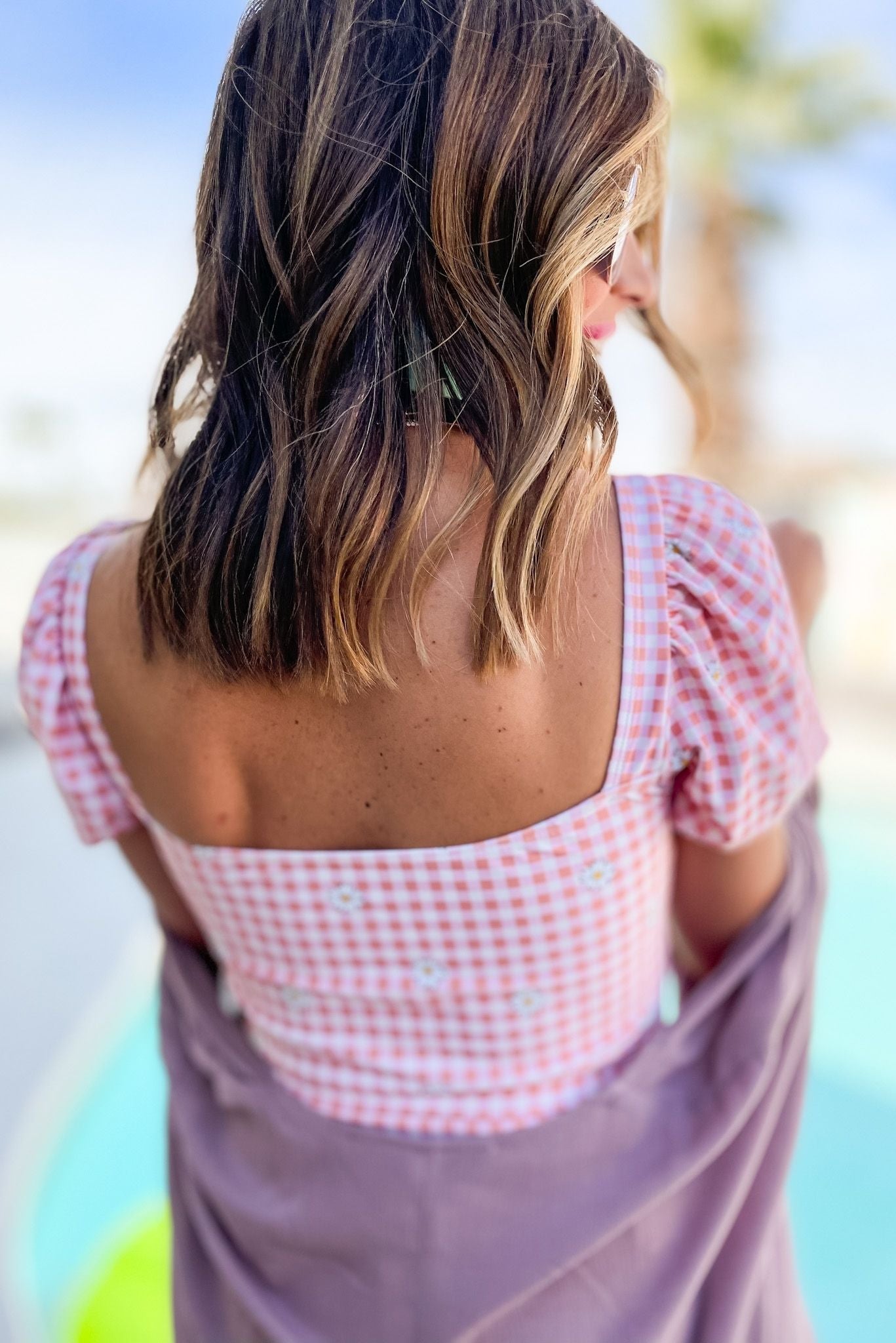 Pink Gingham Square Neck Puff Sleeve One Piece Swimsuit, pink, one piece, puff sleeve, floral, mom swim suit, shop style your senses by mallory fitzsimmons