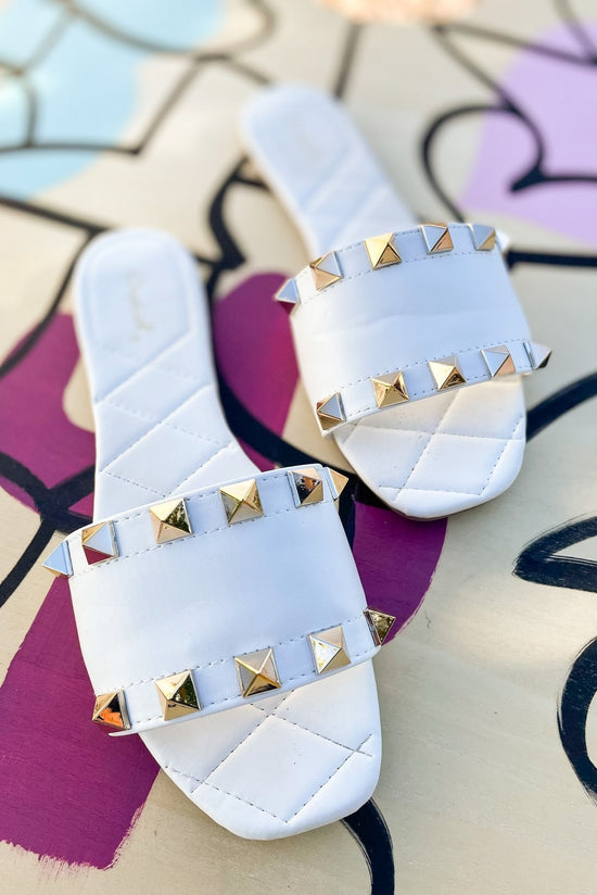 Load image into Gallery viewer, White Studded Quilted Slides*FINAL SALE*
