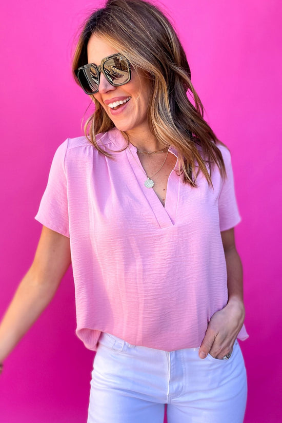 light pink v neck gathered top ,light pink, v neck, blouse, work to weekend, shop style your senses by mallory fitzsimmons