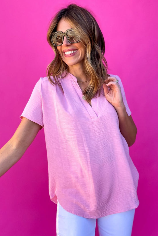 light pink v neck gathered top ,light pink, v neck, blouse, work to weekend, shop style your senses by mallory fitzsimmons