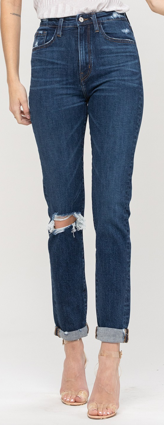 Load image into Gallery viewer, Dark Wash Distressed Cuffed Mom Jeans
