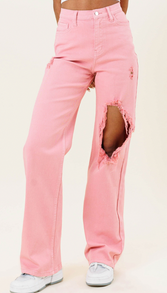Pink High Rise Distressed Wide Leg Straight Jeans*FINAL SALE*