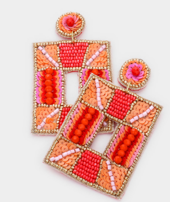 Load image into Gallery viewer, Coral Beaded Open Rectangle Earrings
