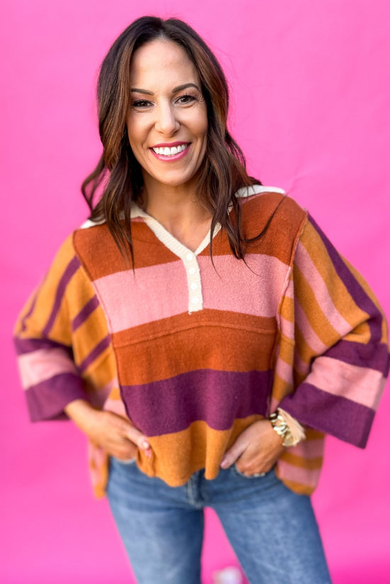 Load image into Gallery viewer, Plum Rust Striped Collared Sweater, Sweater, Striped, Two Tone, Purple, Pink, Orange, Long Sleeve, Women&amp;#39;s Top, Light Weight, Mom Style, Spring Fashion, Shop Style Your Senses By Mallory Fitzsimmons
