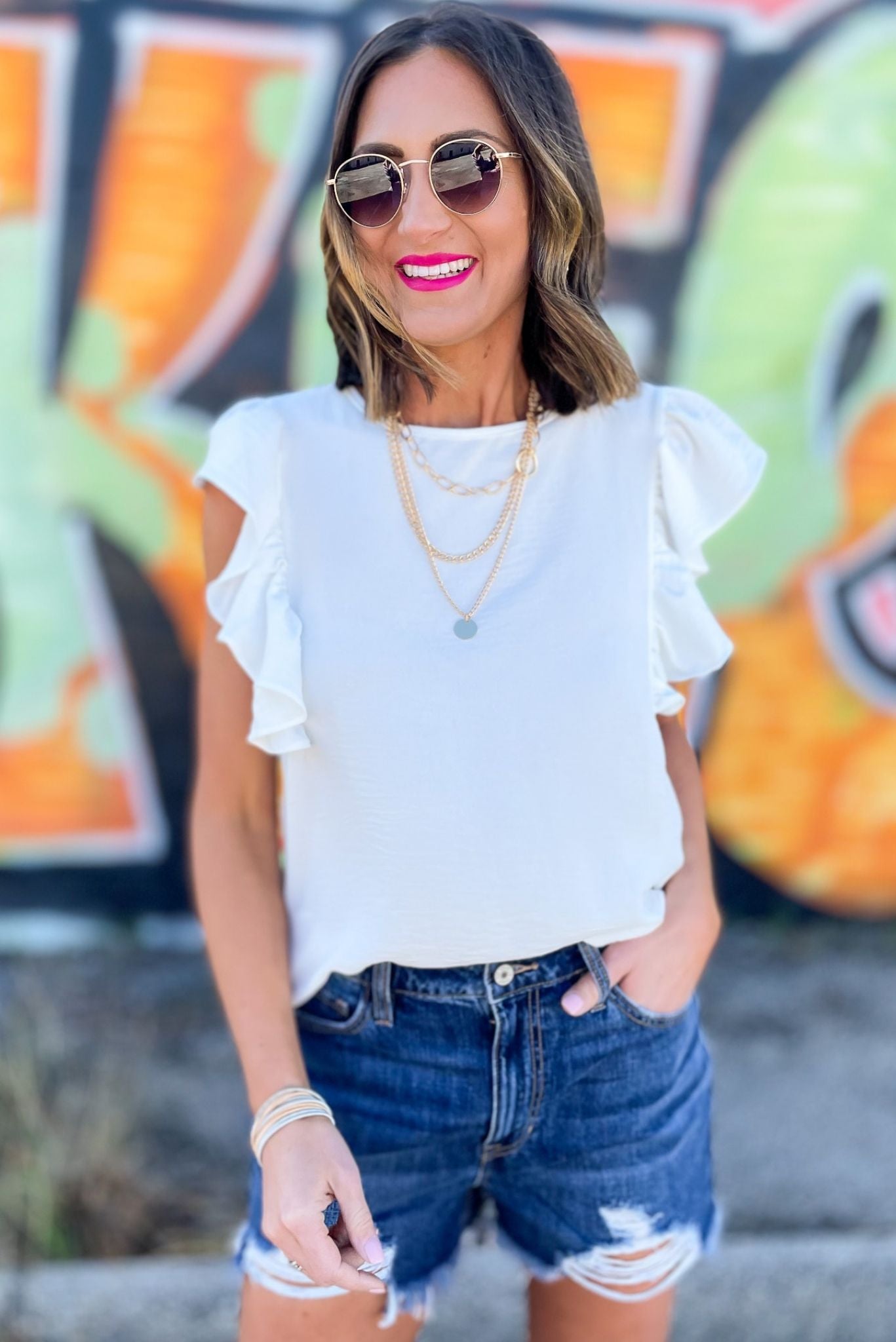 off white solid ruffle cap sleeve top, cap sleeve, ruffle top, off white, layered necklace, denim shorts, distressed shorts, ruffle sleeve top, mom style, spring fashion, shop style your senses by mallory fitzsimmons