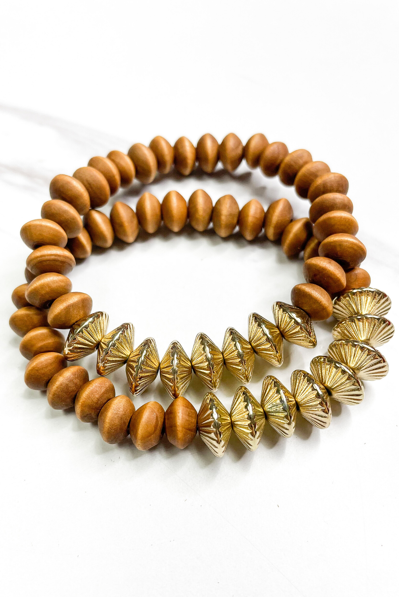 brown gold wooden bead stretch bracelets, gold, brown, bracelet, spring, shop style your senses by mallory fitzsimmons