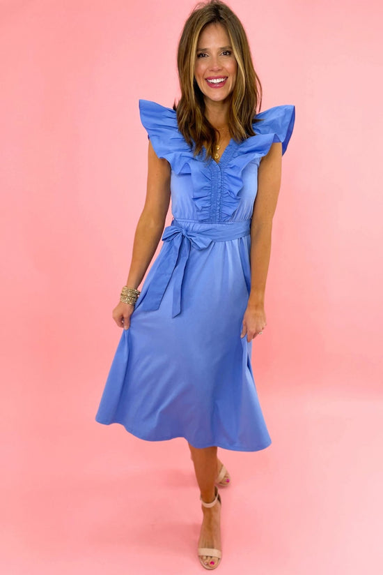 Load image into Gallery viewer, blue extended ruffle v neck midi dress, easter collection, spring dresses, shop style your senses by mallory fitzsimmons
