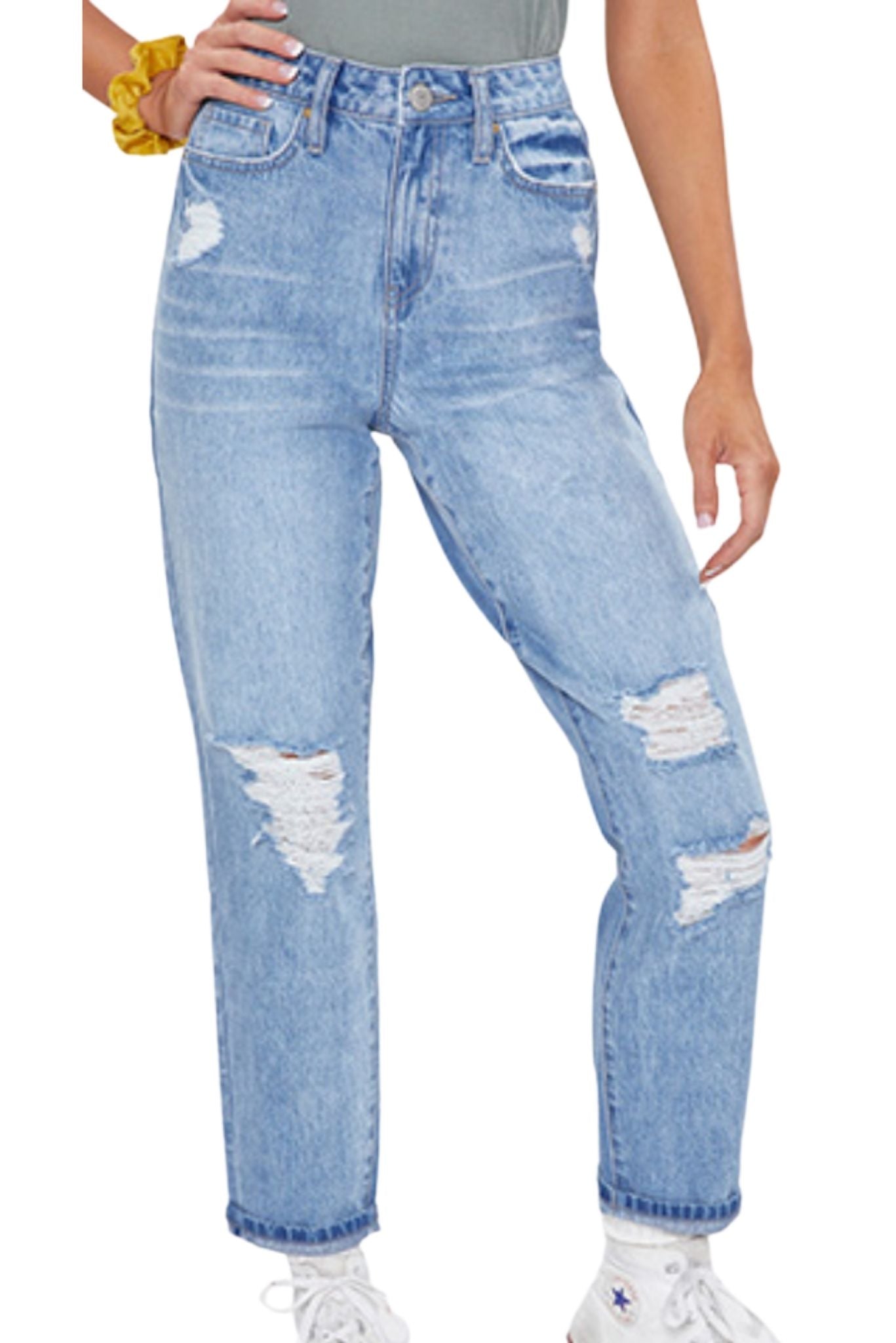 Load image into Gallery viewer, Light Wash Distressed Mom Jeans
