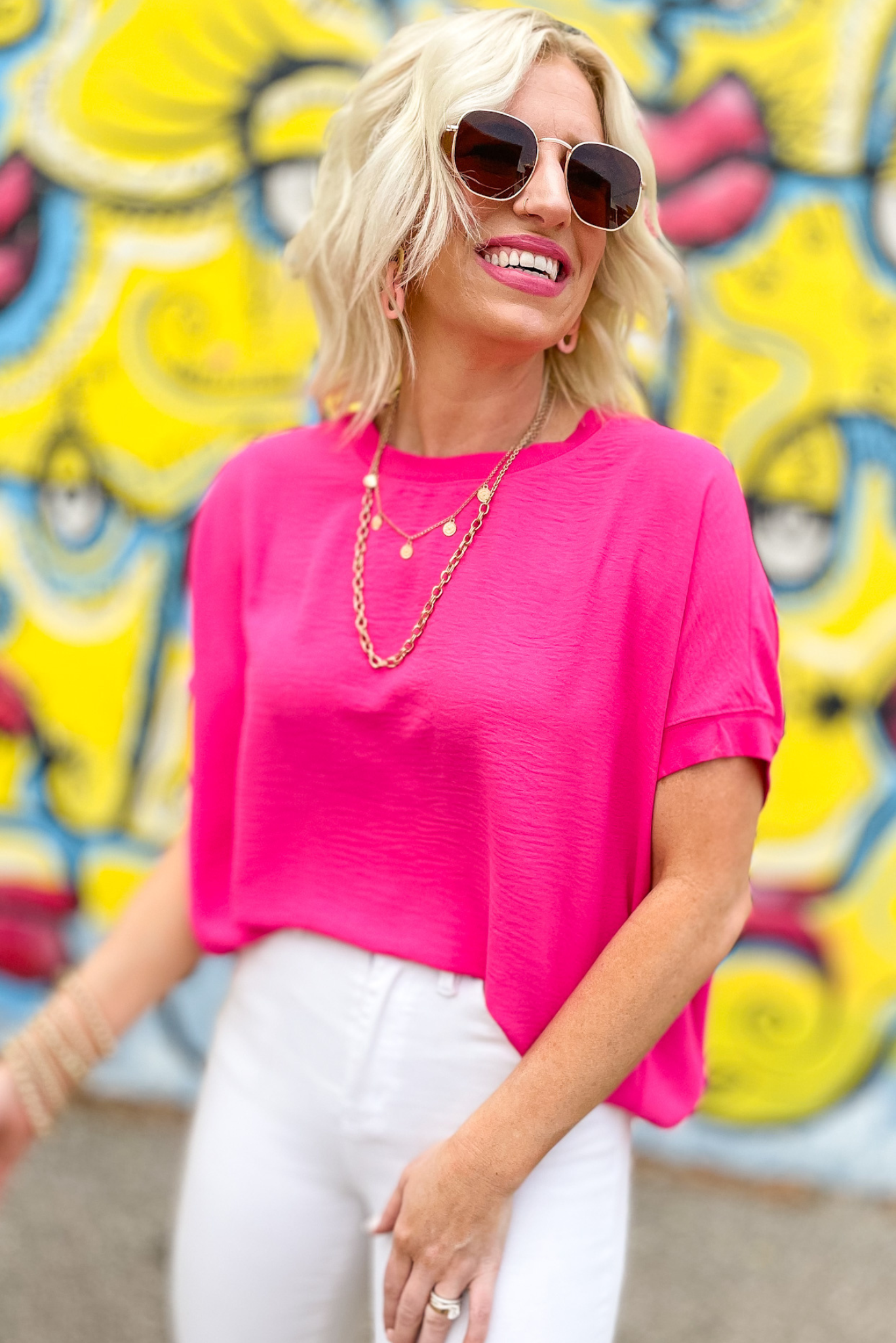Hot Pink Round Neck Dolman Sleeve Top, dolman top, round neck, off white sleeve top, work to weekend, chic top, shop style your senses by mallory fitzsimmons