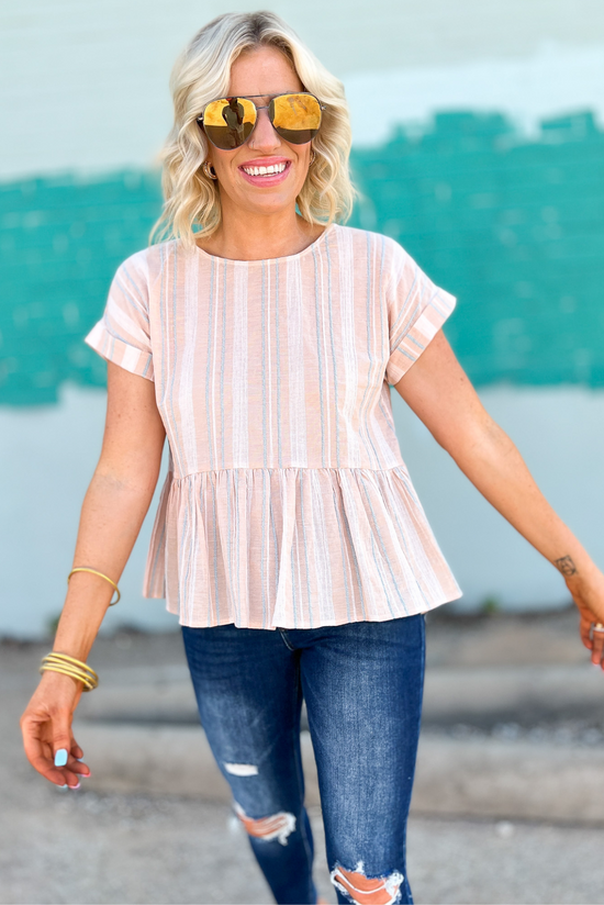 Orange Multi Striped Round Neck Babydoll Top, everyday tops, cute tops, orange, stripes, babydoll top, Shop Style Your Senses By Mallory Fitzsimmons