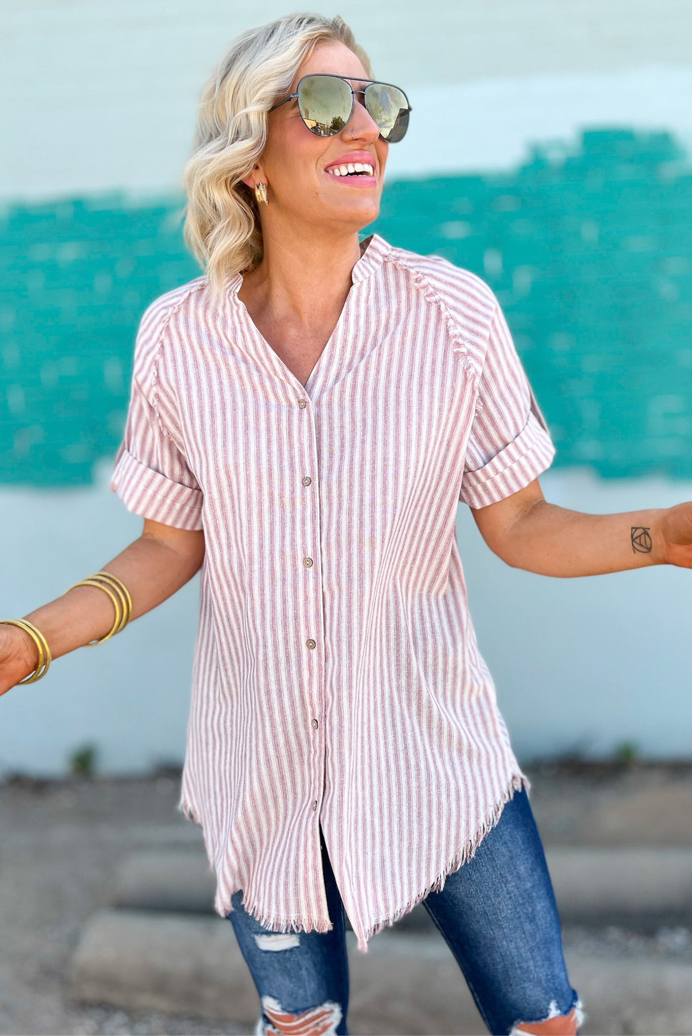 Dusty Blush Striped V Neck Roll Up Sleeve Top, v neck, button down, button down top, tunic top, rolled sleeves, short sleeves, raw hem, striped top, Shop Style Your Senses By Mallory Fitzsimmons