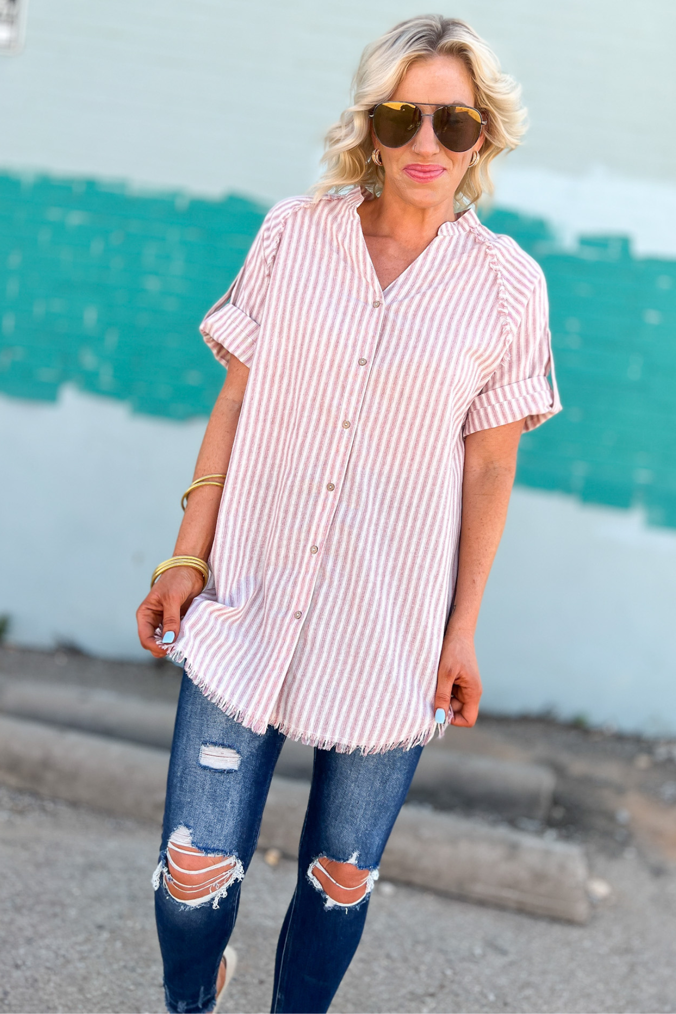 Dusty Blush Striped V Neck Roll Up Sleeve Top, v neck, button down, button down top, tunic top, rolled sleeves, short sleeves, raw hem, striped top, Shop Style Your Senses By Mallory Fitzsimmons