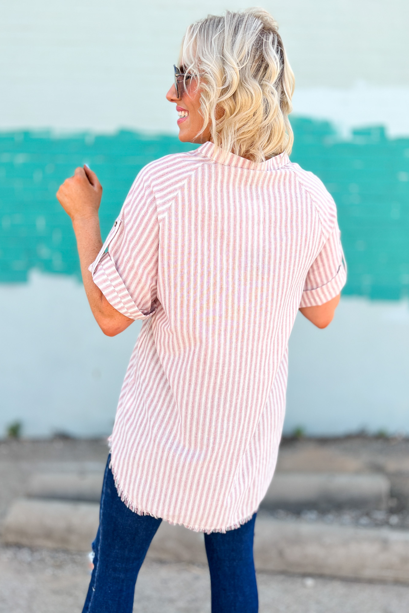 Load image into Gallery viewer, Dusty Blush Striped V Neck Roll Up Sleeve Top, v neck, button down, button down top, tunic top, rolled sleeves, short sleeves, raw hem, striped top, Shop Style Your Senses By Mallory Fitzsimmons
