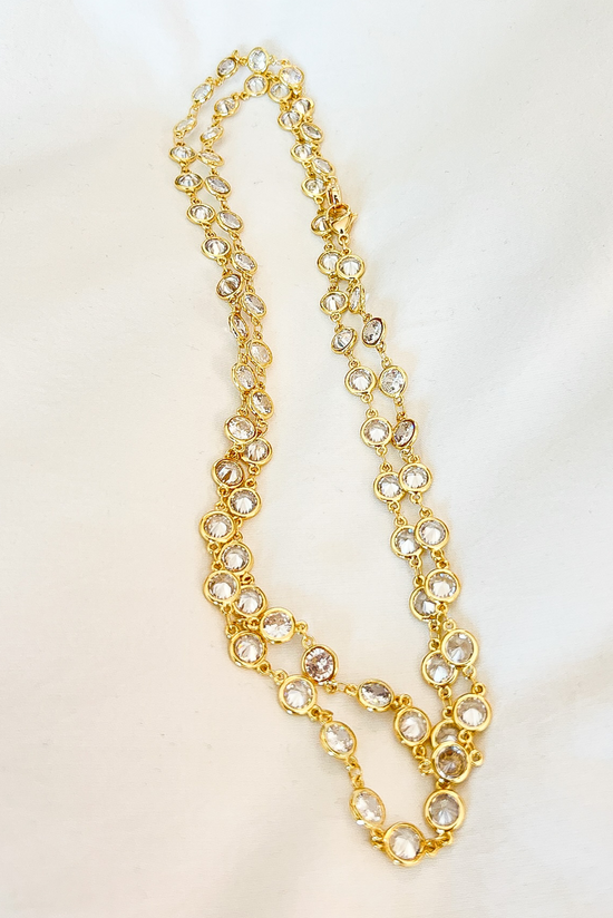 Gold Rhinestone Circle Link Long Layered Necklace