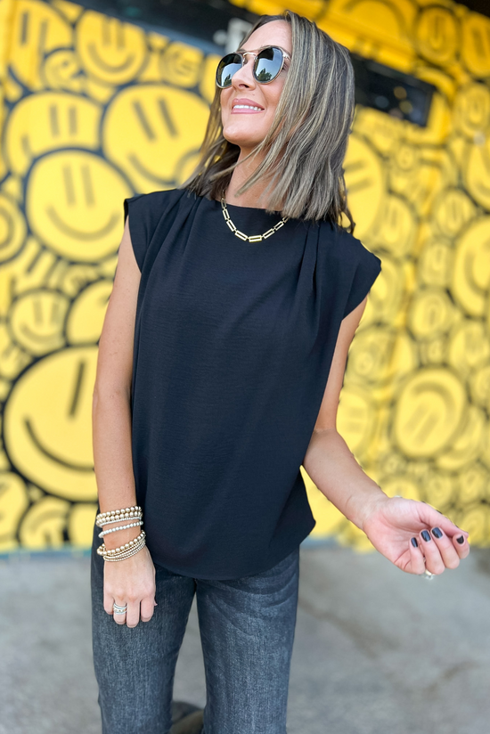 Black High Neck Ruched Shoulder Cap Sleeve Top, black top, ruched shoulder, cap sleeve top, Shop Style Your Senses By Mallory Fitzsimmons