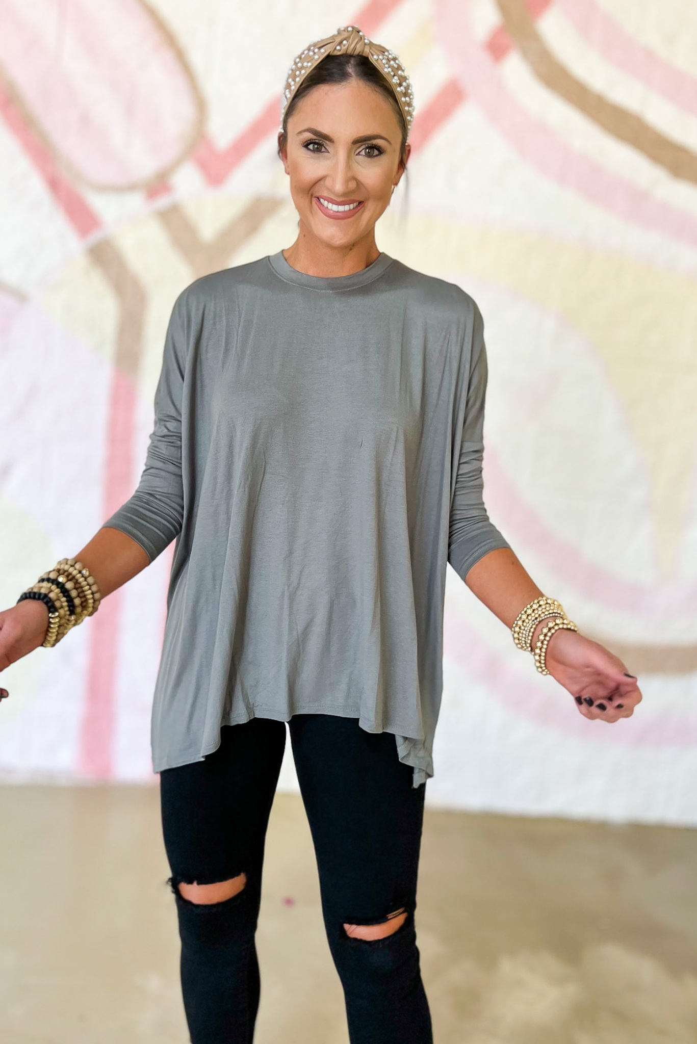 Army Green Side Slit Shark Bite Boxy Top, best basics, essentials, long sleeve top, comfy top, Shop Style Your Senses By Mallory Fitzsimmons