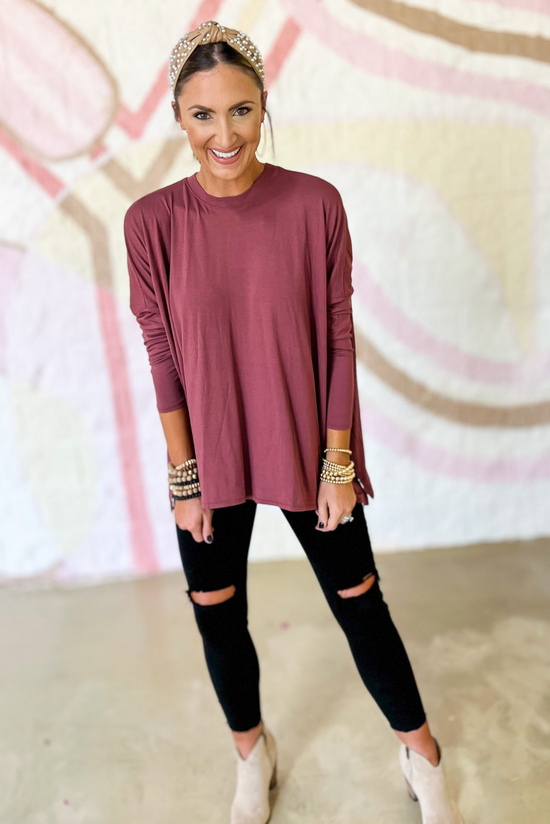 Red Side Slit Shark Bite Boxy Top, best basics, essentials, long sleeve top, comfy top, Shop Style Your Senses By Mallory Fitzsimmons