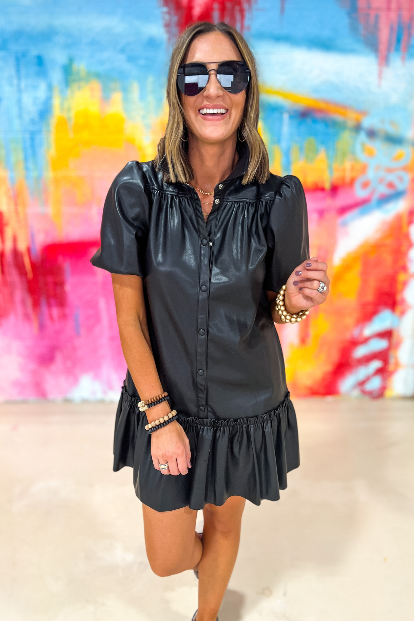 Black Faux Leather Puff Sleeve Drop Waist Button Down Dress, faux leather dress, button down dress, ruffle, drop waist, puff sleeve, elevated dress, Shop Style Your Senses By Mallory Fitzsimmons