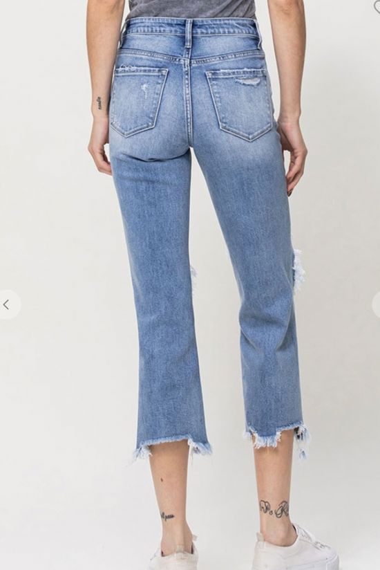 High Rise Medium Wash Distressed Straight Crop Flare Jeans, medium wash jeans, denim, distressed denim, crop flares, straight leg jeans, Shop Style Your Senses By Mallory Fitzsimmons