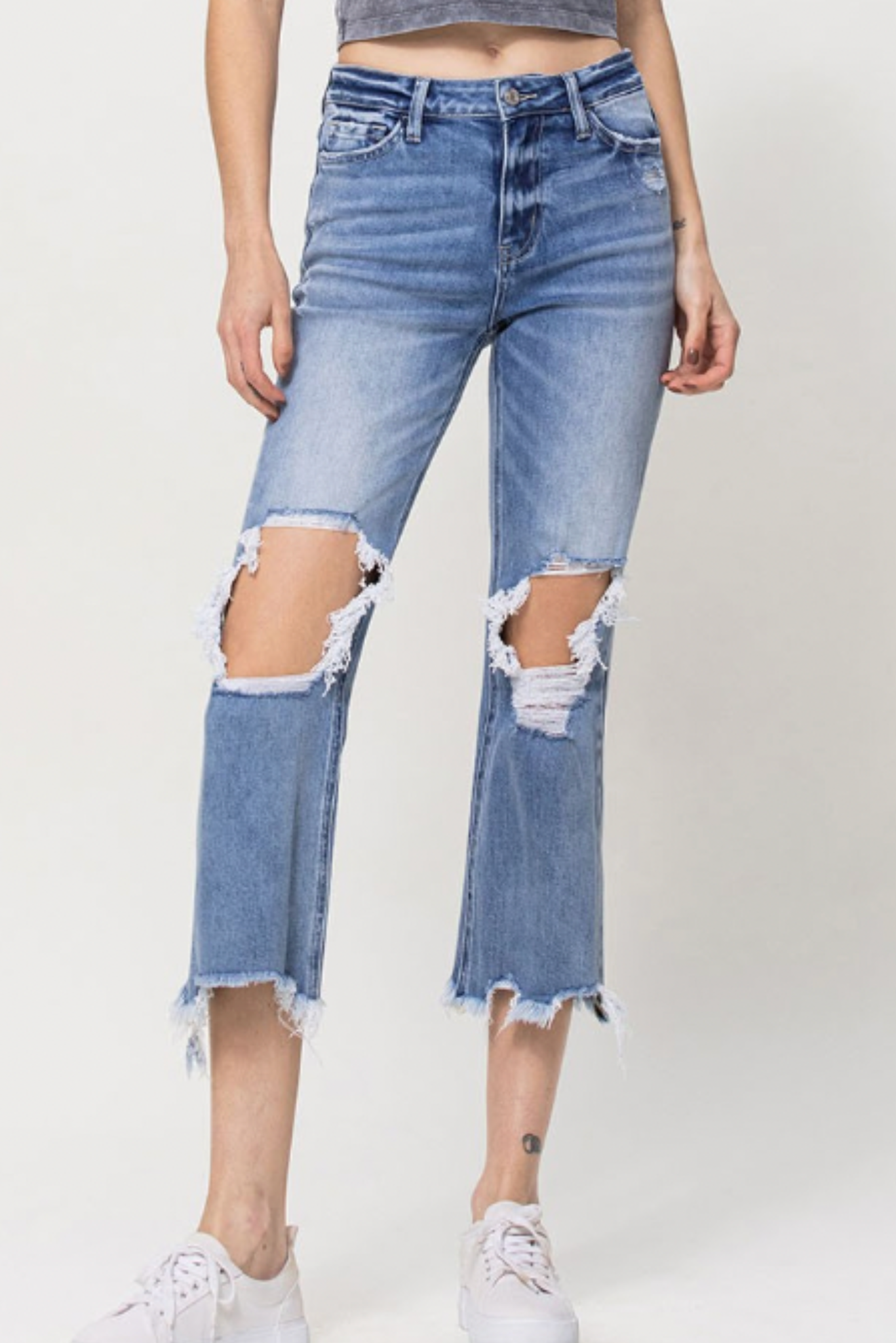 High Rise Medium Wash Distressed Straight Crop Flare Jeans, medium wash jeans, denim, distressed denim, crop flares, straight leg jeans, Shop Style Your Senses By Mallory Fitzsimmons