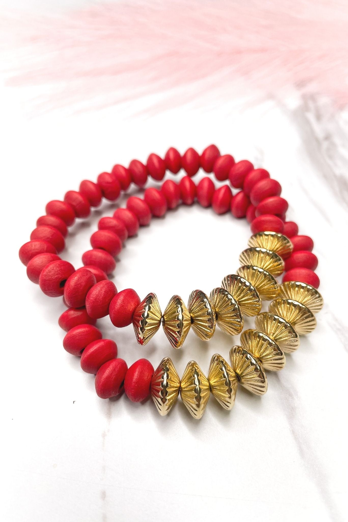 Red Gold Wooden Bead Stretch Bracelets