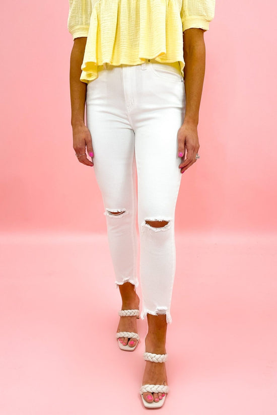 white distressed skinny jeans, yellow peplum muslin top, vacation vibes, summer style, shop style your senses by Mallory Fitzsimmons 