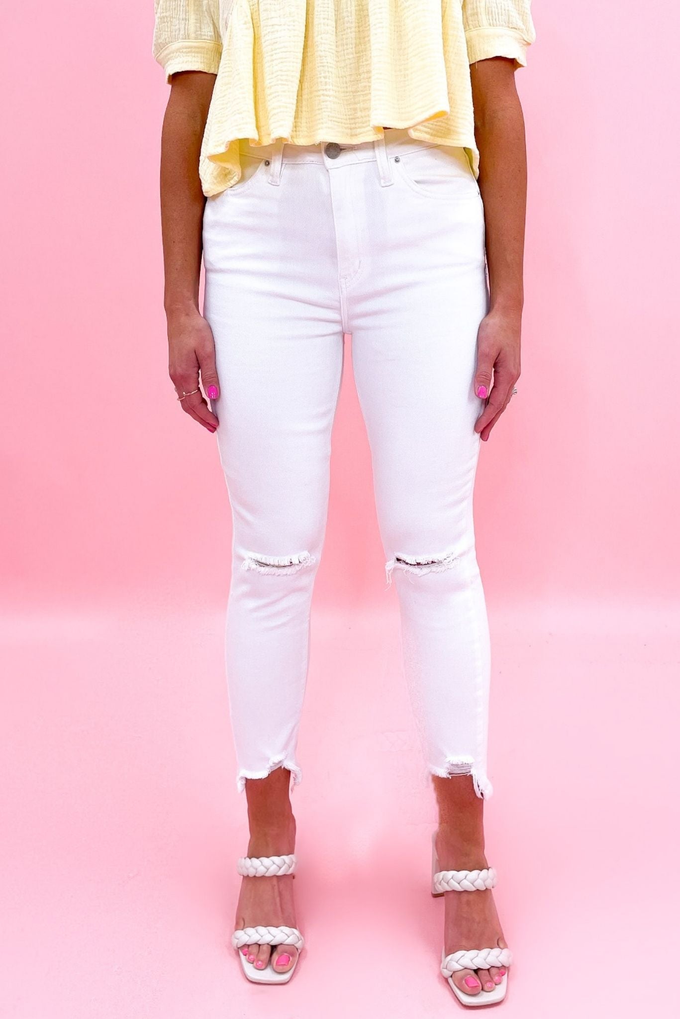 Load image into Gallery viewer, white distressed skinny jeans, yellow peplum muslin top, vacation vibes, summer style, shop style your senses by Mallory Fitzsimmons
