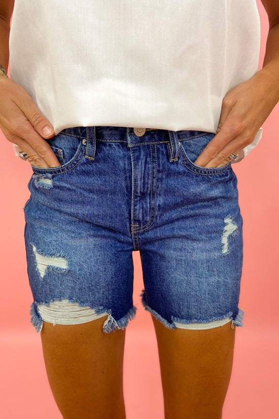 Load image into Gallery viewer, medium wash distressed 5 inch inseam shorts, summer style, mom shorts, shop style your senses by Mallory Fitzsimmons
