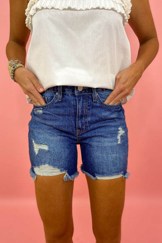 Load image into Gallery viewer, medium wash distressed 5 inch inseam shorts, summer style, mom shorts, shop style your senses by Mallory Fitzsimmons 
