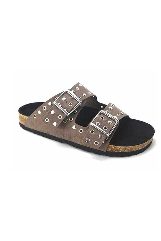 taupe double strap sandal with silver grommets, birkenstock sandal, spring shoes, summer sandal, shop style your senses by mallory fitzsimmons