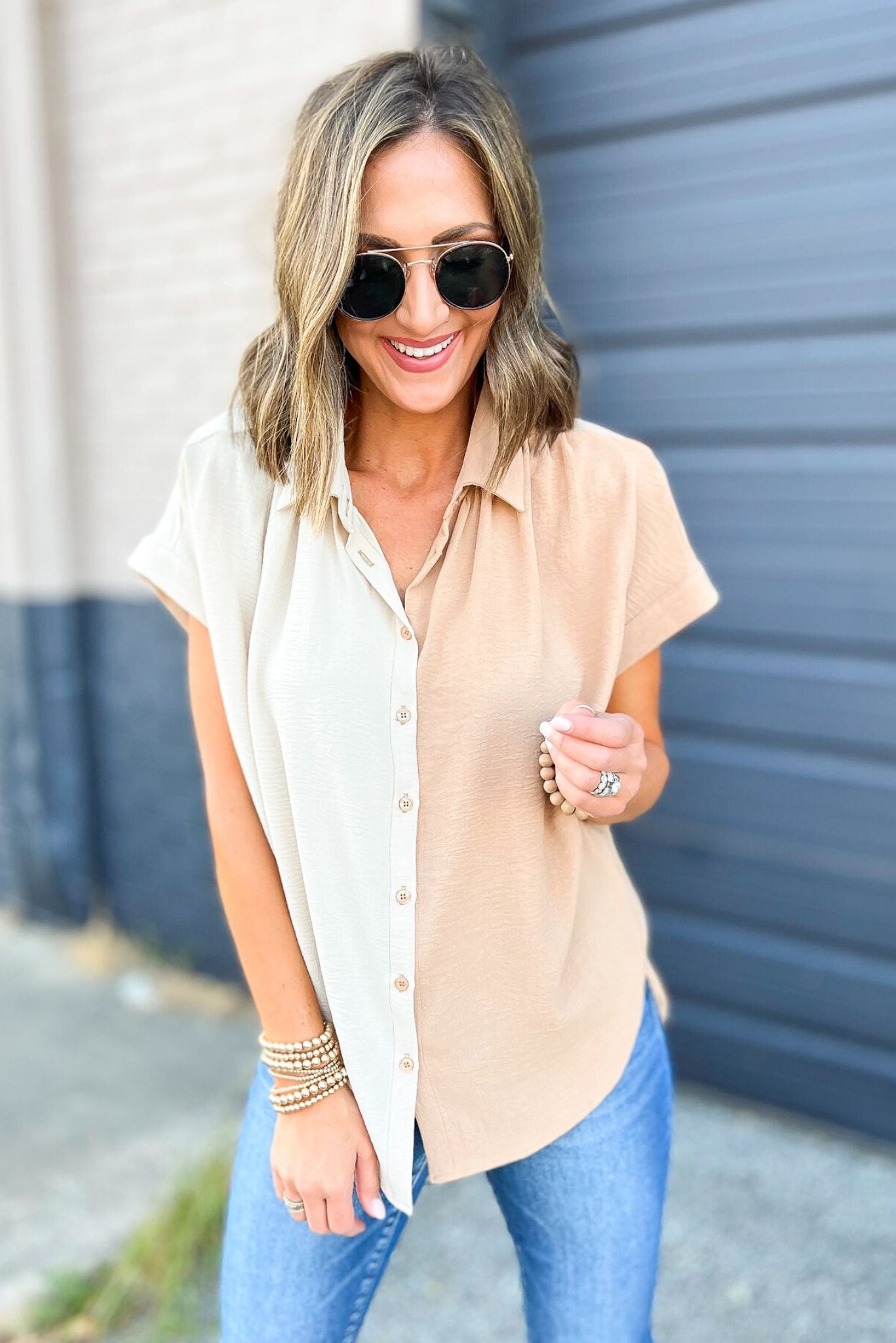 Cream tan colorblock collared button down top new arrivals tops colorblock work to weekend shop style your senses by mallory fitzsimmons
