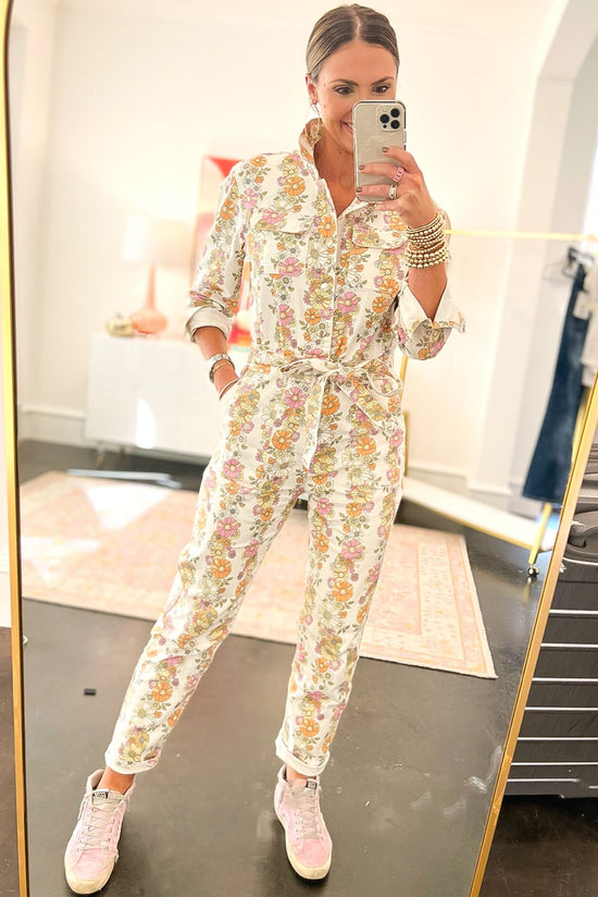 Load image into Gallery viewer, Ivory floral denim long sleeve collared jumpsuit shop style your senses by mallory fitzsimmons
