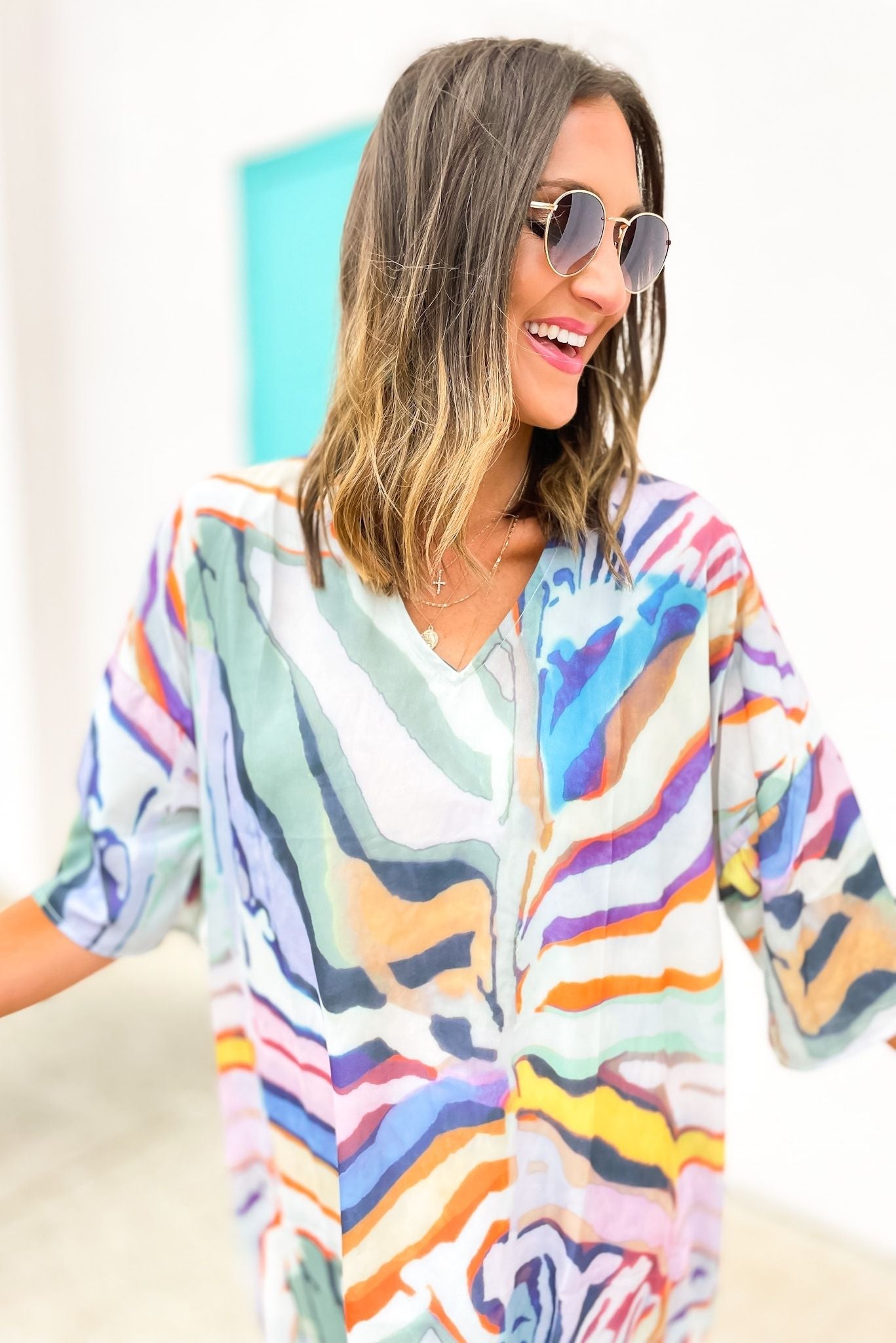 Load image into Gallery viewer, multi color abstract v neck midi dress, summer dresses, affordable style, beach vibes, shop style your senses by mallory fitzsimmons
