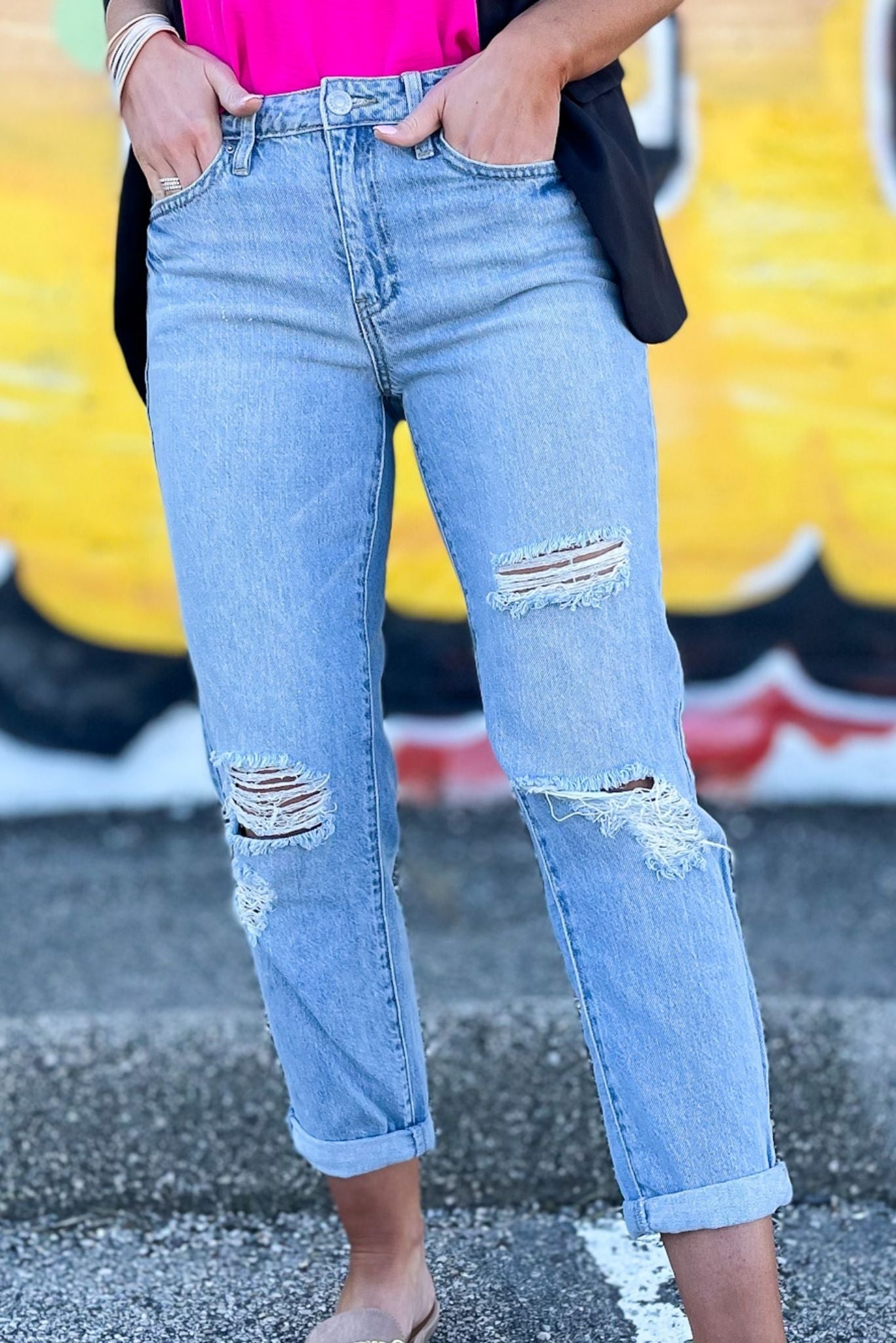 light wash high rise distressed cuffed boyfriend jeans, boyfriend jeans, distressed, denim, cropped, cuffed jeans, mom style, chic, light wash, spring style, shop style your senses by mallory fitzsimmons