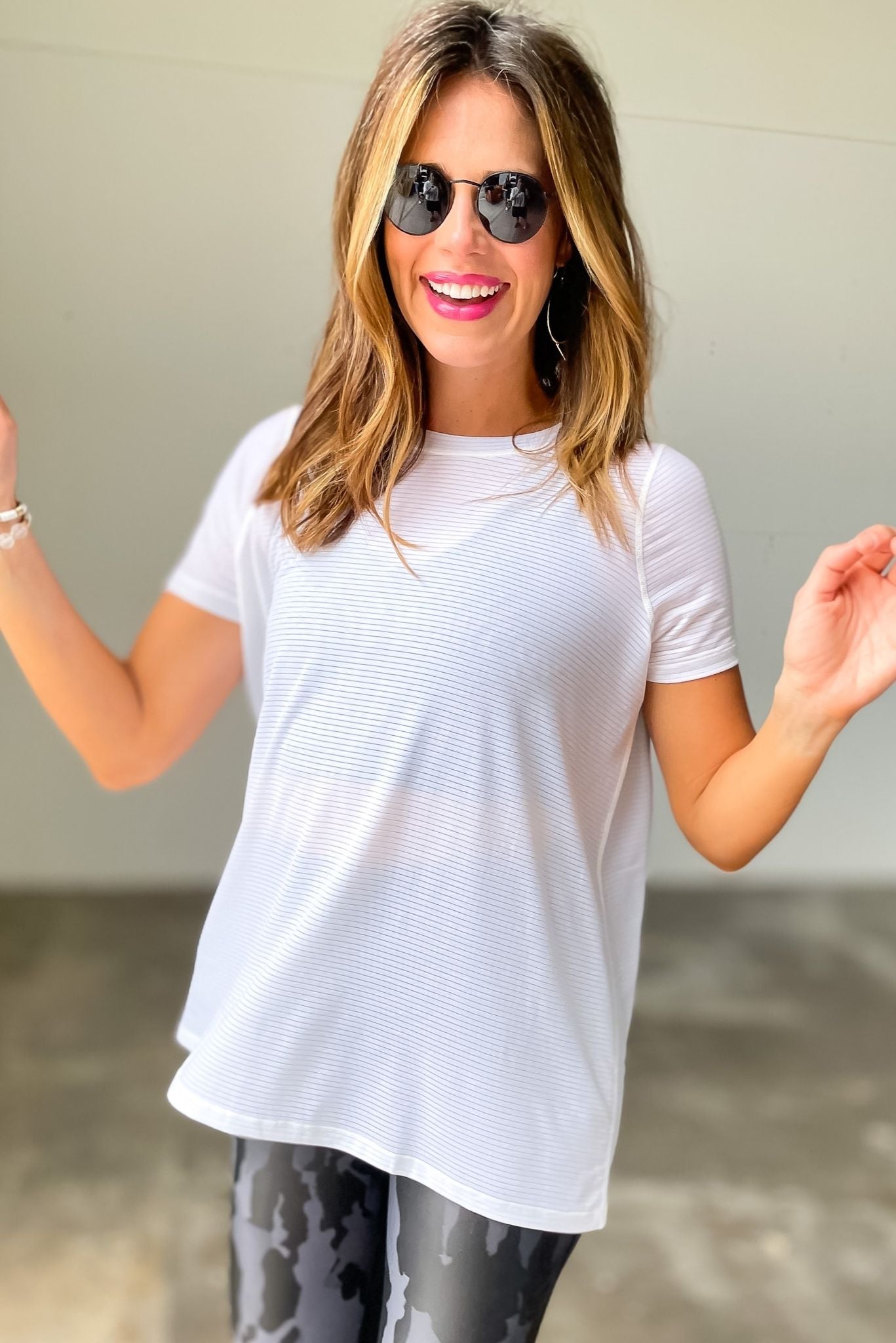 Load image into Gallery viewer, white striped mesh active longline shirt with keyhole back, July athleisure collection, fitness fashion, gym style, shop style your senses by mallory fitzsimmons
