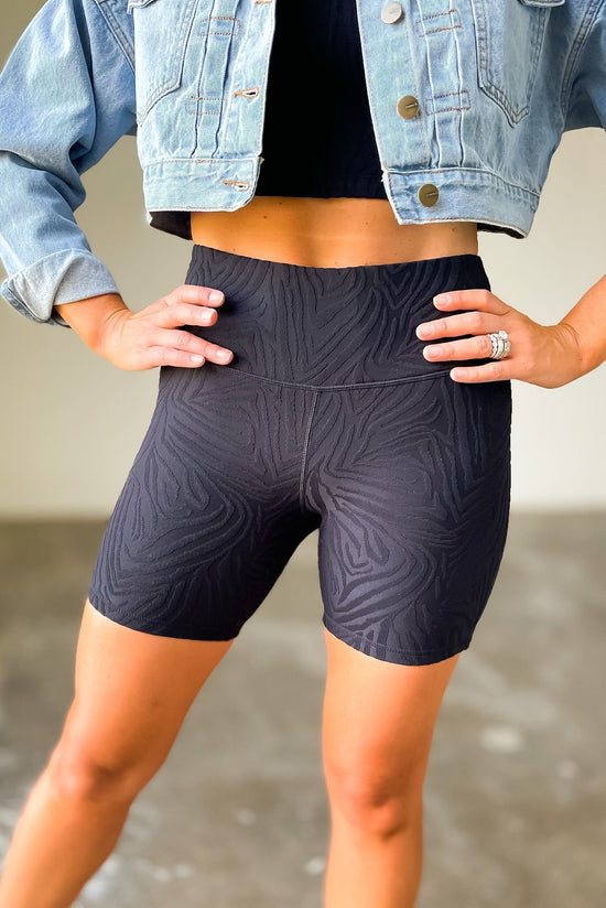 Load image into Gallery viewer, black animal print high waisted biker shorts, July athleisure collection, fitness fashion, gym style, shop style your senses by mallory fitzsimmons
