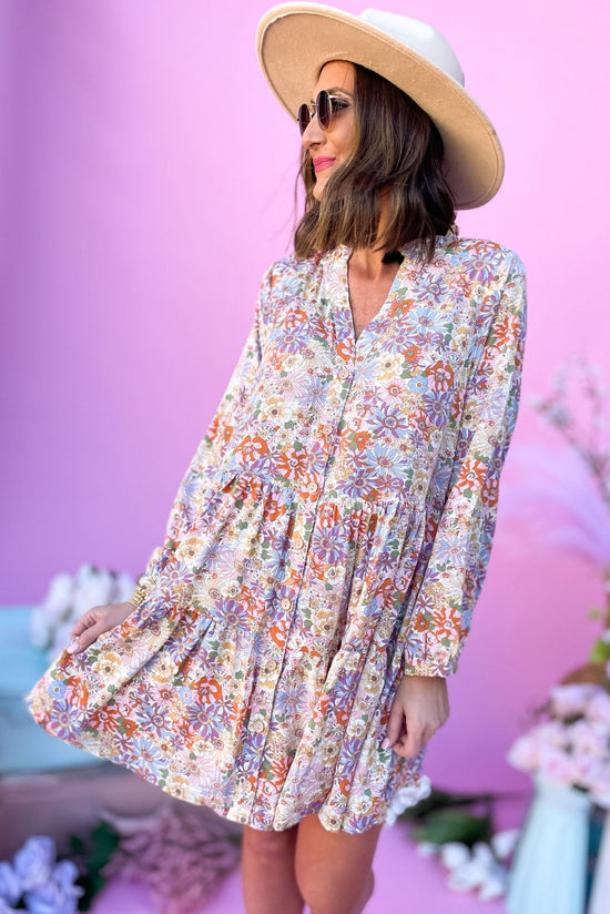 Load image into Gallery viewer, natural floral print long sleeve v neck dress, v neck, short sleeve dress, long sleeve, button, tiered dress, spring florals, shop style your senses by mallory fitzsimmons

