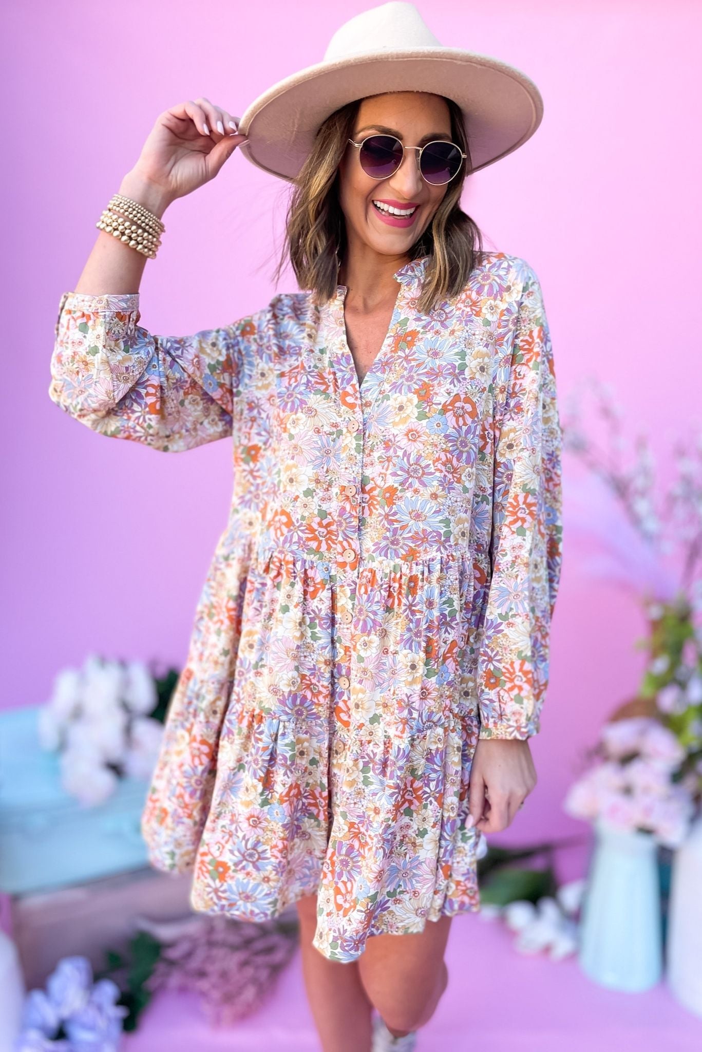 natural floral print long sleeve v neck dress, v neck, short sleeve dress, long sleeve, button, tiered dress, spring florals, shop style your senses by mallory fitzsimmons