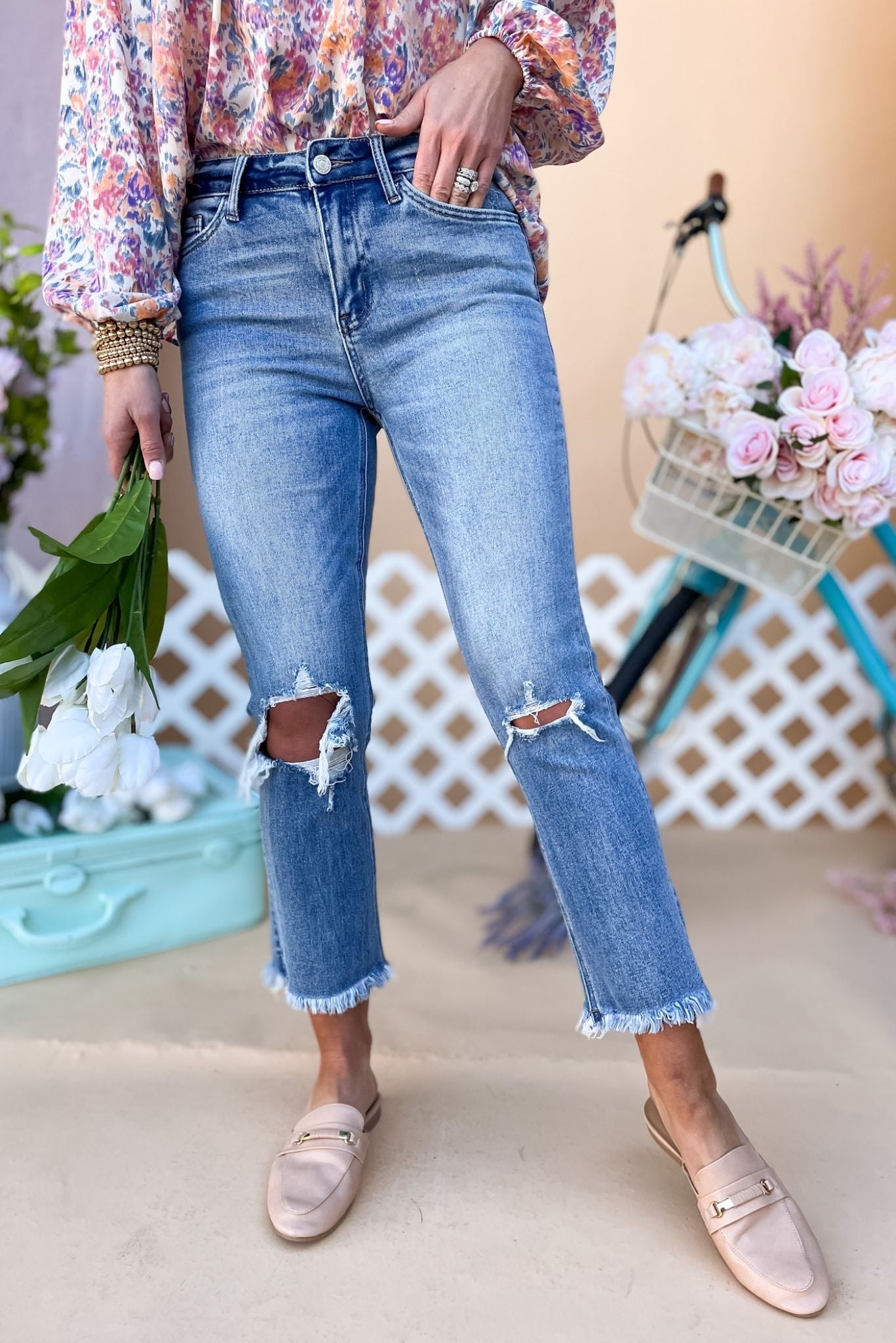 Load image into Gallery viewer, medium wash high rise stretch distressed crop jeans, distressed jeans, medium wash, denim, spring florals, shop style your senses by mallory Fitzsimmons 

