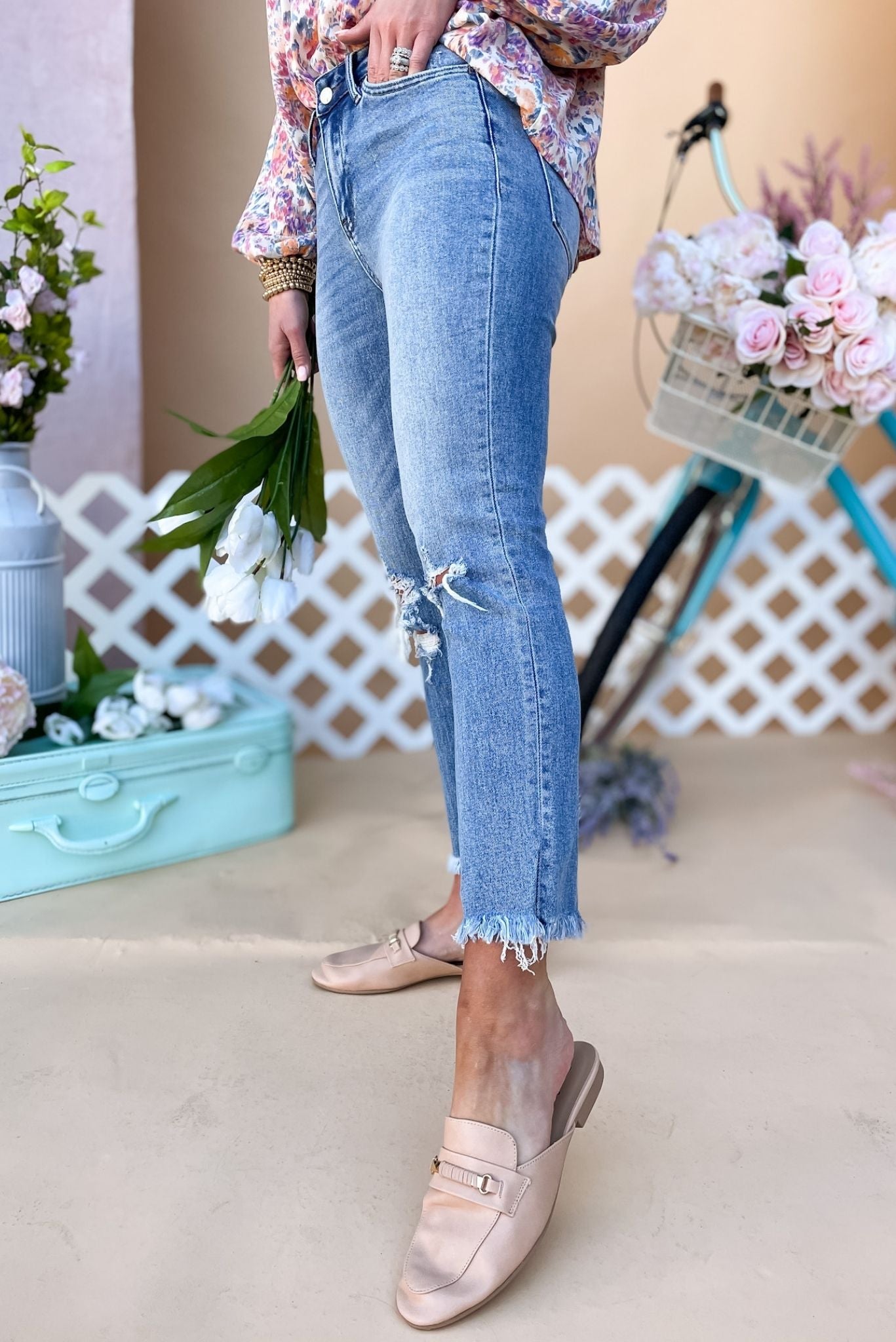Load image into Gallery viewer, medium wash high rise stretch distressed crop jeans, distressed jeans, medium wash, denim, spring florals, shop style your senses by mallory Fitzsimmons 
