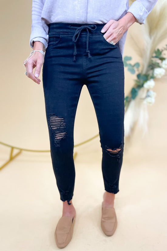 Load image into Gallery viewer, black distressed skinny denim joggers, comfy style, affordable fashion, shop style your senses by mallory fitzsimmons
